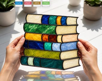 Padrão de Vitral com Livros Empilhados em SVG e PDF | Molde para Apanhador de Sol com Livros | Livros em Vitral | Download Instantâneo | Presente para Amantes de Livros | Cricut