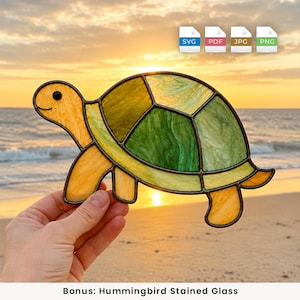 Tortoise Stained Glass Pattern, 2 Sizes Turtle Suncatcher Digital Download, DIY Window Hanging, PDF SVG Cricut Glowforge