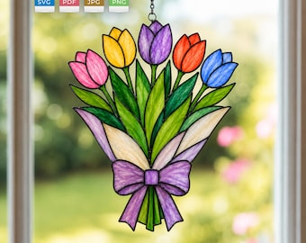 Flower Bouquet Stained Glass Pattern | Tulip Suncatcher SVG PDF | DIY Digital Download | Beginner Friendly | Hummingbird Bonus