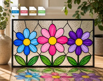 Patrón de vidriera de flores de margarita en PDF y SVG / Panel de ventana con 3 flores / Plantilla DIY para principiantes para atrapasoles + Bonus de colibrí gratis