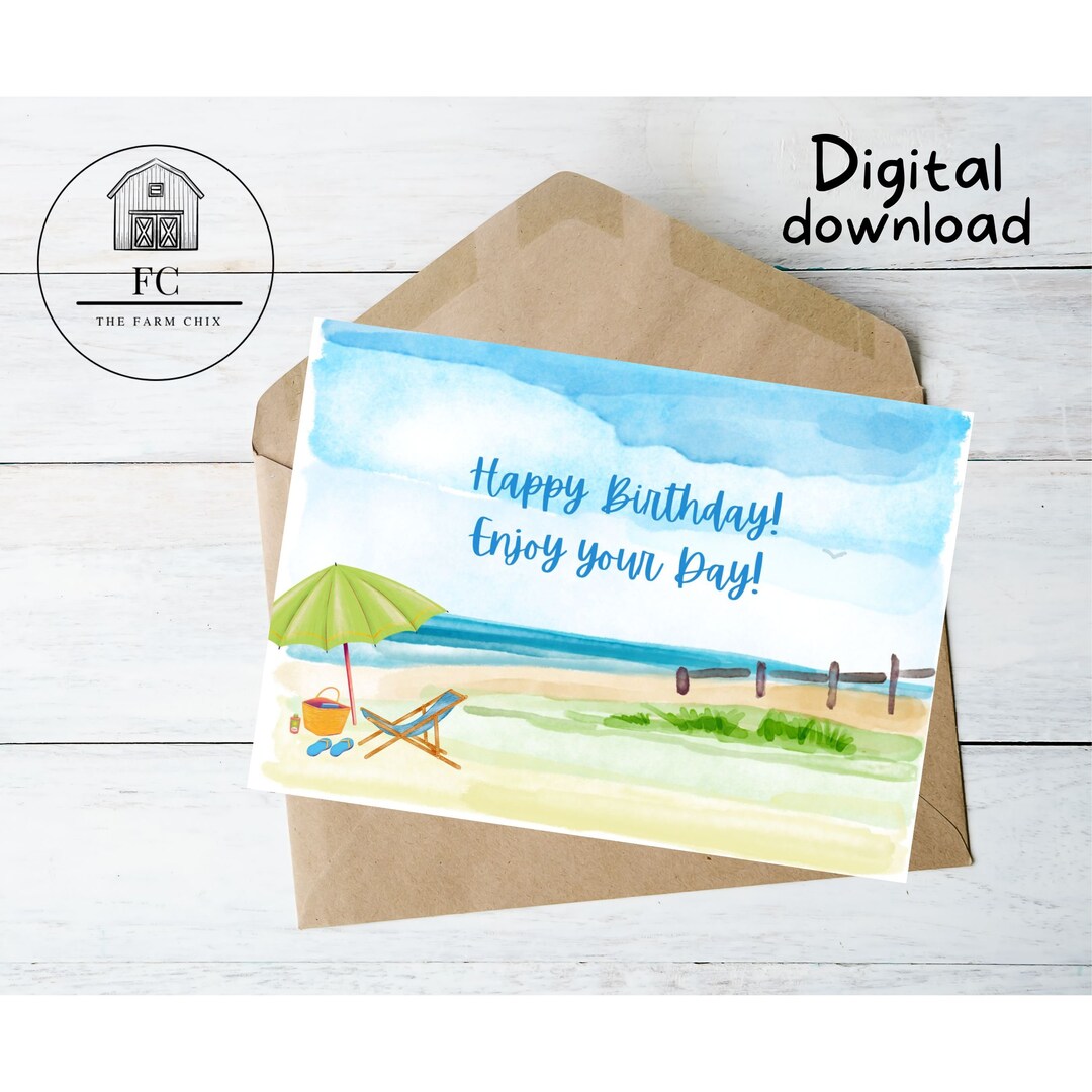 Birthday Beach Printable Greeting Card Instant Download 7" X 5" Card to ...