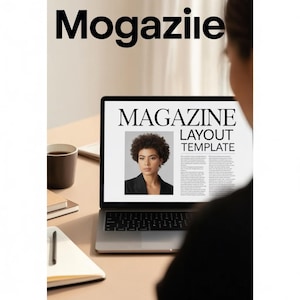 May include: A laptop displays a magazine layout template with a woman's portrait. The word "Mogaziie" is at the top. A coffee cup, notebook, and pen are on the table. The person is wearing a black shirt.