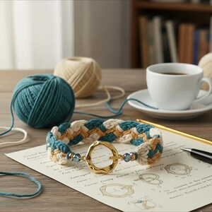 May include: A handmade braided bracelet in teal, cream, and gold, with a gold-tone clasp. The bracelet is displayed with yarn balls, a cup of coffee, and crafting supplies. The bracelet is approximately 7 inches in length.