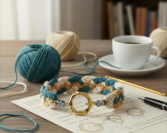 May include: A handmade braided bracelet in teal, cream, and gold, with a gold-tone clasp. The bracelet is displayed with yarn balls, a cup of coffee, and crafting supplies. The bracelet is approximately 7 inches in length.
