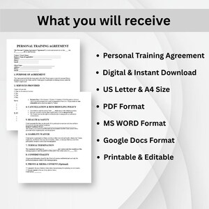 May include: Image showing a personal training agreement with the text "What you will receive." The document is available as a digital download in US Letter and A4 sizes, PDF, MS Word, and Google Docs formats. It is also printable and editable.