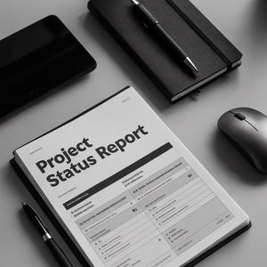 Könnte beinhalten: Graustufenbild von Büroartikeln auf einer hellgrauen Oberfläche. Ein "Projektstatusbericht" ist geöffnet, mit einem Stift darauf. Ein schwarzes Notizbuch, Stift, Maus und Tablet sind ebenfalls zu sehen.