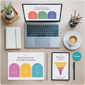 May include: A top-down view of a workspace featuring a laptop displaying a marketing funnel template. A tablet, notepad, and coffee cup are also present. The color scheme includes orange, green, and blue.