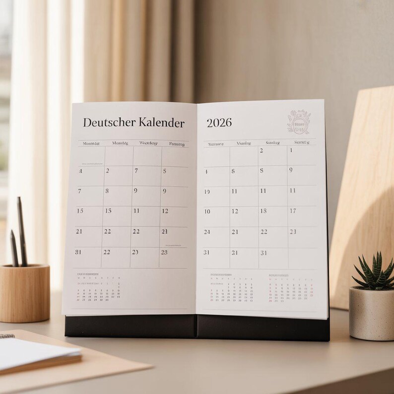 German-language 2026 printable calendar, minimalist black-and-white Jahreskalender, monthly German planner pages for home office school, A4 and Letter PDF digital download wall calendar