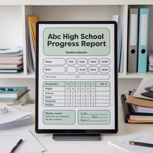 May include: A digital tablet shows an "Abc High School Progress Report." The report includes student information, grades, and teacher remarks. The tablet is on a white desk with office supplies and a bookshelf in the background.