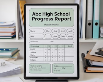 Puede incluir: Una tableta digital muestra un "Informe de progreso de la escuela secundaria Abc". El informe incluye información del estudiante, calificaciones y comentarios del maestro. La tableta está sobre un escritorio blanco con útiles de oficina y una estantería al fondo.
