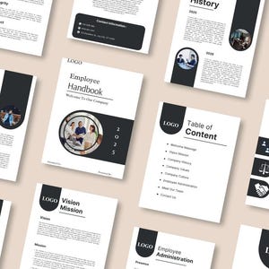 May include: A collection of white and black documents, including an employee handbook, table of contents, and company values. Each document features a logo and text, with images of people. The documents are arranged on a light brown surface.