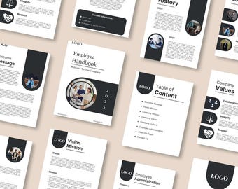 May include: A collection of white and black documents, including an employee handbook, table of contents, and company values. Each document features a logo and text, with images of people. The documents are arranged on a light brown surface.