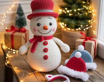 Łatwy wzór szydełkowy na bałwana: amigurumi dla początkujących z 4 czapkami (wzór w formacie PDF)