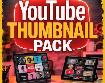 May include: A laptop and tablet displaying YouTube thumbnails are on a wooden desk. The image features the text "YouTube THUMBNAIL PACK" in white and yellow against a red background. A notebook and coffee cup are also visible.