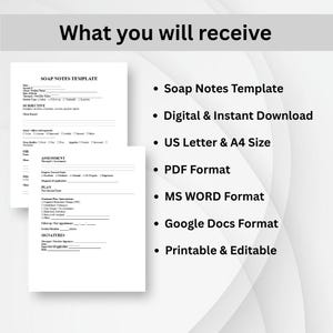 Può includere: Un documento bianco intitolato "SOAP NOTES TEMPLATE" con sezioni per soggettivo, oggettivo, valutazione e piano. L'immagine elenca anche "Soap Notes Template", "Download digitale e istantaneo", "Formato US Letter e A4", "Formato PDF", "Formato MS WORD", "Formato Google Docs" e "Stampabile e modificabile".