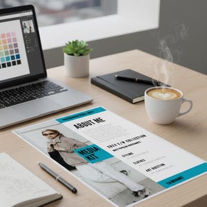 May include: A desk setup with a laptop showing a colour palette, a small plant, a black notebook, and a media kit labelled "About Me." A coffee cup with latte art and a pen are also visible.