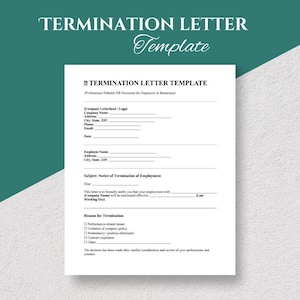 May include: A white document titled "TERMINATION LETTER Template" with a teal background. The document includes fields for company and employee information, and a section for the reason for termination. The text "TERMINATION LETTER TEMPLATE" is prominently displayed.