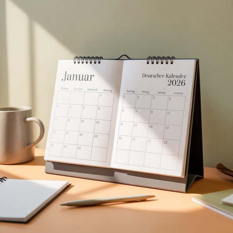 German-language 2026 printable calendar, minimalist black-and-white Jahreskalender, monthly German planner pages for home office school, A4 and Letter PDF digital download wall calendar