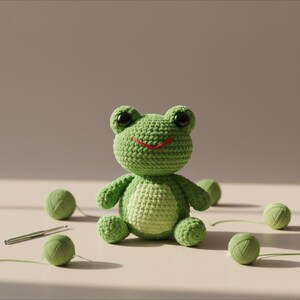 Könnte beinhalten: Eine handgefertigte grüne Häkelfrosch mit schwarzen Augen und einem roten Lächeln. Der Frosch ist von grünen Garnknäueln und einem Häkelhaken umgeben. Der Frosch sitzt auf einer hellen Oberfläche.