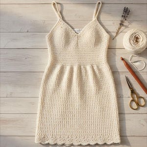 Könnte beinhalten: Cremefarbenes Häkelkleid mit Spaghettiträgern und einem gewellten Saum. Das Kleid ist handgefertigt und liegt auf einer hellen Holzoberfläche. Eine Garnkugel, ein Häkelhaken, eine Schere und ein Lavendelzweig liegen neben dem Kleid.