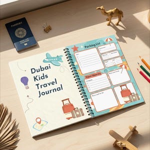 May include: An open spiral-bound "Dubai Kids Travel Journal" on a light wood surface, with a passport, toy camel, and airplane. The journal has packing list and travel itinerary pages, with illustrations of luggage and a map.