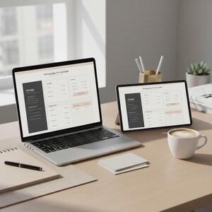 May include: A laptop and tablet showing a "Photography Pricing Guide" sit on a light wood desk. A white coffee cup, notepad, pen, and small stack of papers are also present. A window is in the background.