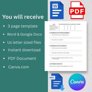 Puede incluir: Una plantilla digital con fondo turquesa, con el texto "You will receive" y viñetas que enumeran las características de la plantilla. Incluye Word & Google Docs, archivos de tamaño carta estadounidense y un documento PDF. Logo de Canva.