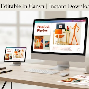 May include: A modern workspace featuring a desktop computer, tablet, and printed materials. The computer and tablet display product photos. The scene includes a keyboard, mouse, coffee cup, and a small vase with pink flowers. Text on the image reads: Editable in Canva | Instant Download.
