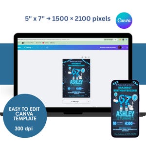May include: A laptop and smartphone display a birthday invitation template. The invitation features a blue robot graphic, the text "ASHLEY IS TURNING 7", and event details. The Canva logo is visible, along with the text "EASY TO EDIT CANVA TEMPLATE".