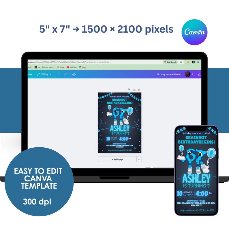 May include: A laptop and smartphone display a birthday invitation template. The invitation features a blue robot graphic, the text "ASHLEY IS TURNING 7", and event details. The Canva logo is visible, along with the text "EASY TO EDIT CANVA TEMPLATE".