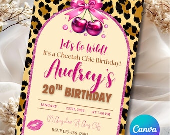 Cheetah Print Girls Night Invitation Glam Dinner Party, Editable Canva Template 21st Leopard   Theme Birthday, Digital Invite, Cherry bows