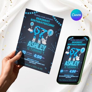 May include: A birthday party invitation with the text "Birthday mode activated... BRAINROT BIRTHDAYBEGINS!" and "ASHLEY IS TURNING 7". The invitation is dark blue with blue accents and a pixelated character holding balloons. A smartphone displays the same design.