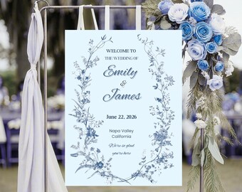 Floral Blue Wedding Welcome Sign, dusty blue, dusty blue flowers Instant Download, Welcome Poster Editable Custom Celebration canva Template