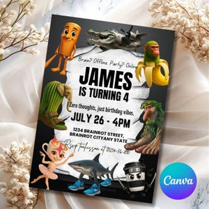 May include: A birthday party invitation with a black background and whimsical illustrations. The invitation reads "JAMES IS TURNING 4" with the date and time. Various cartoon characters and a shark are featured.