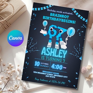 May include: A birthday invitation with a dark blue background. The invitation features the text "BRAINROT BIRTHDAYBEGINS!" and "ASHLEY IS TURNING 7". The date and time are displayed as October 10th, Sunday, at 4:00 PM. The design includes a pixelated blue figure holding balloons.