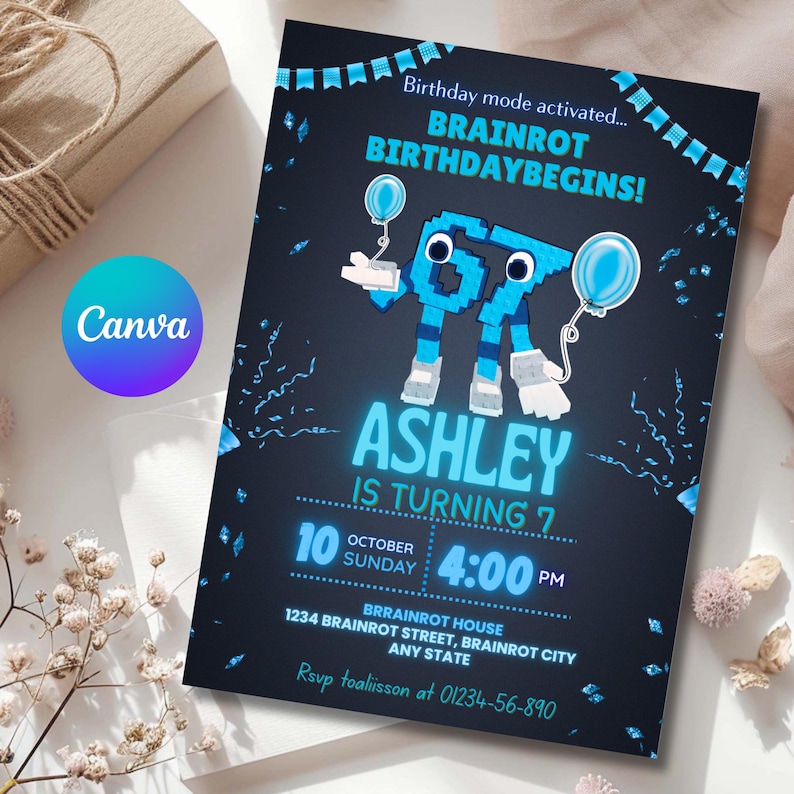 May include: A birthday invitation with a dark blue background. The invitation features the text "BRAINROT BIRTHDAYBEGINS!" and "ASHLEY IS TURNING 7". The date and time are displayed as October 10th, Sunday, at 4:00 PM. The design includes a pixelated blue figure holding balloons.