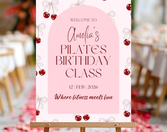 Pilates Birthday Party Class Welcome Sign, Burgundy Cherry Bows Coquette Theme, Editable Canva Template, Digital Download