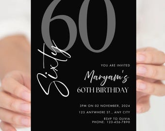 Faire-part d'anniversaire noir, 60e 50e 30e anniversaire pour lui, invitation d'anniversaire noire moderne, invitation de fête numérique pour homme, modèle modifiable