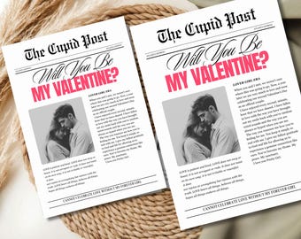 Plantilla de periódico editable de Canva para San Valentín, periódico imprimible personalizado de Cupido de San Valentín, ¿Serás mi Valentín?, regalo fácil para parejas.