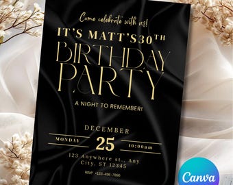 Black & Gold Birthday Invitation, 30th Birthday Evite for Him, Modern black birthday Invite, Mens Digital Party Invite, Editable template