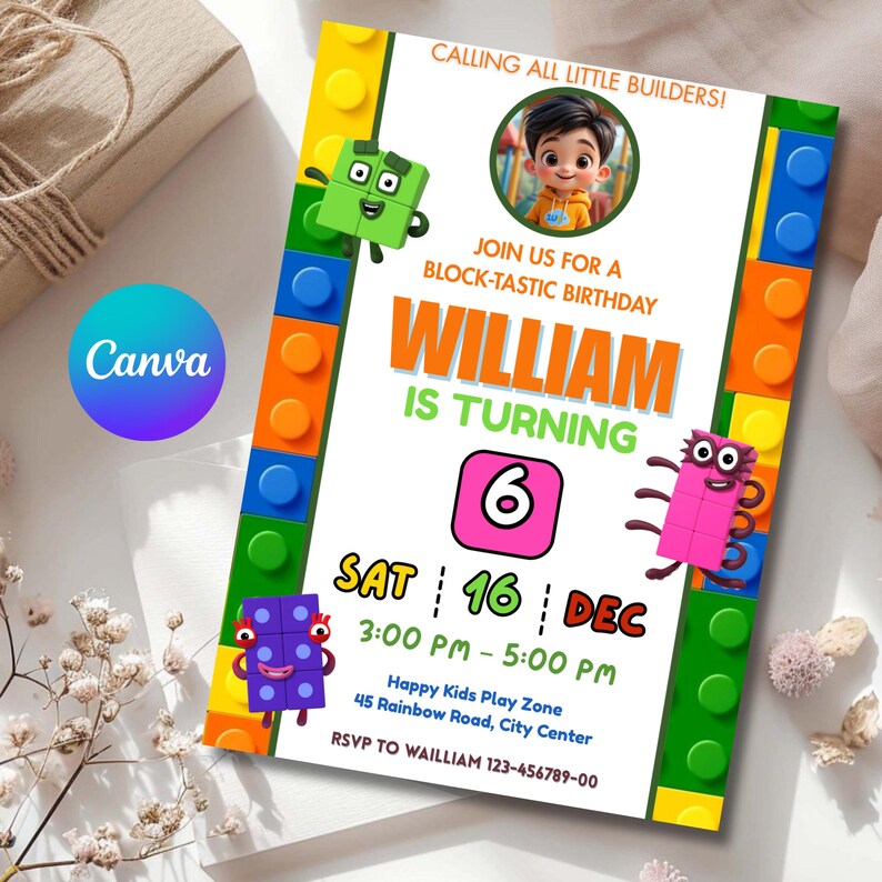 Invitation Block Design Editable Building Blocks Birthday Invitation Building Bricks Kids ...