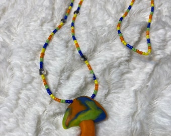 Mushroom Beaded Necklace Psychedelic Hand Made