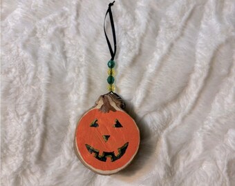 Halloween Pumpkin and Winter Snowman Two Sided Hand Painted Wood Slice Ornament Decoration
