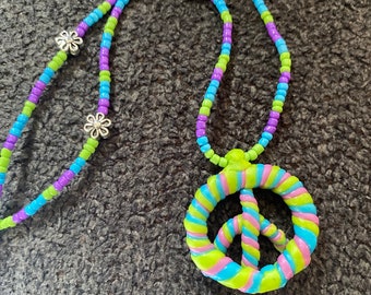 Peace Sign Beaded Necklace Hippie Psychedelic Hand Made