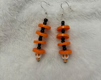 Halloween Orange and Black Medicine Cap Earrings Upcycled Sterling Silver Nurse Gift Day of The Dead