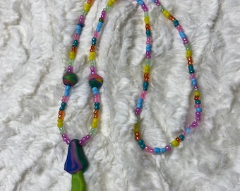 Mushroom Beaded Necklace Psychedelic Hand Made