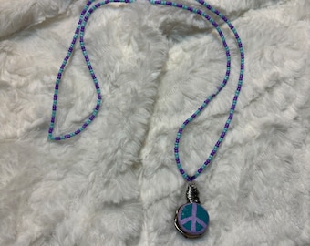 Peace Sign Wood Slice Beaded Necklace Psychedelic Hand Made