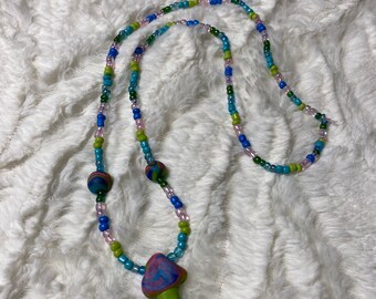 Mushroom Beaded Necklace Psychedelic Hand Made