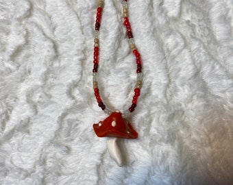 Mushroom Beaded Necklace Psychedelic Hand Made