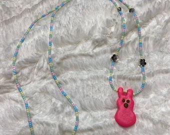 Peeps Easter Bunny Beaded Necklace Hand Made